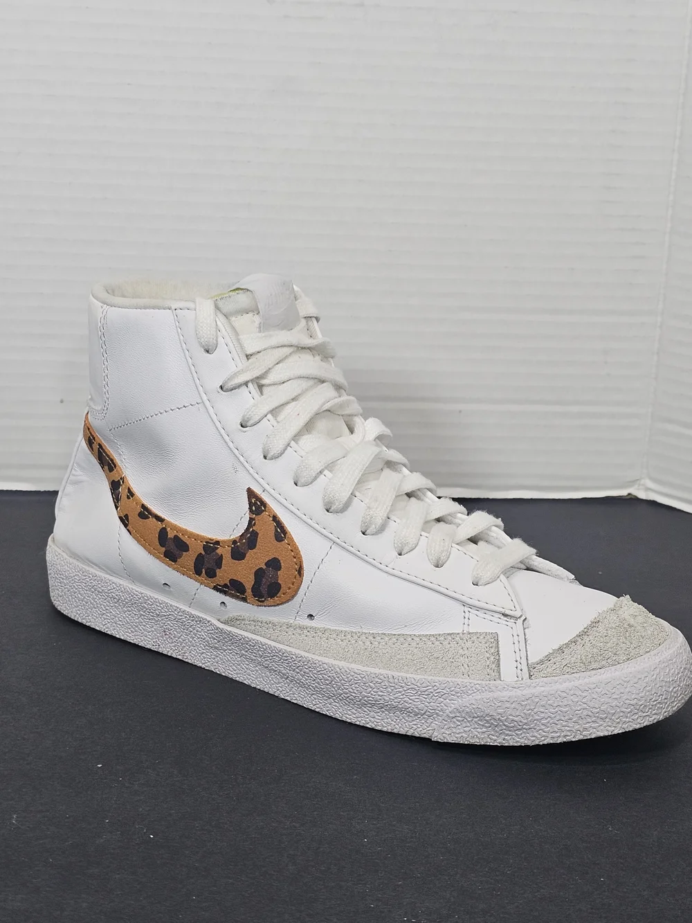 Nike White High-Top Sneaker with Leopard-Print Swoosh Womens Sz 9 White